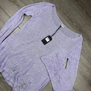 Uniq Womens Sweater Distressed Open Knit Bell Sleeve Purple Medium New